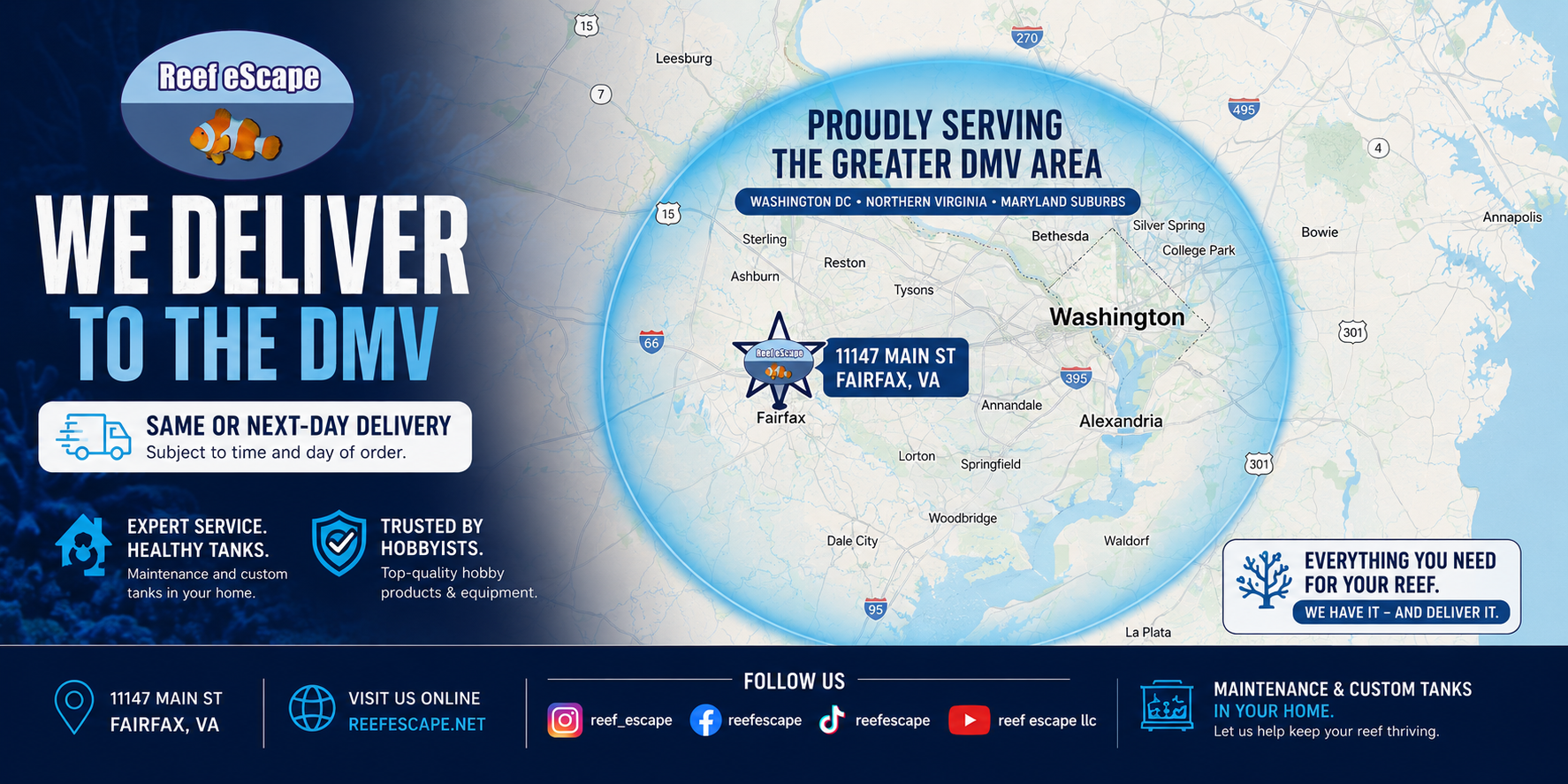 We deliver to the DMV, Washinton DC, Northern Viginia, Maryland Suburbs.